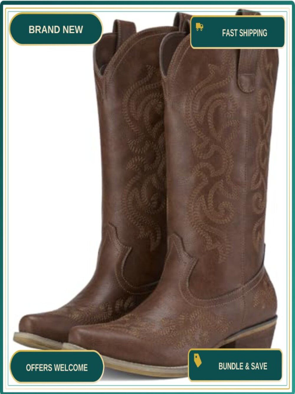 Cowgirl Boots Mid-Calf Snip Toe Western Embroidered Pull-On